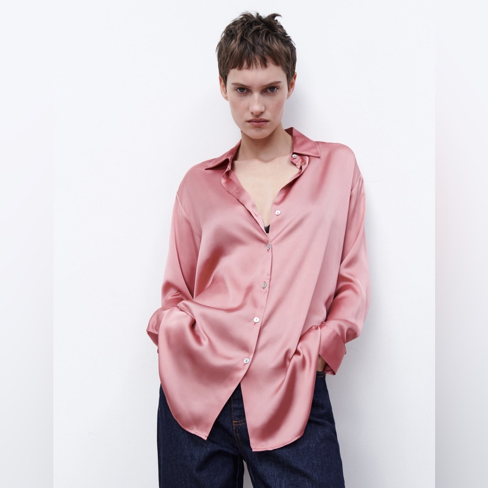 ZARA Satin Effect Oversized Loose Collared Button Down Dolman Sleeve Blouse Pink - Picture 2 of 14